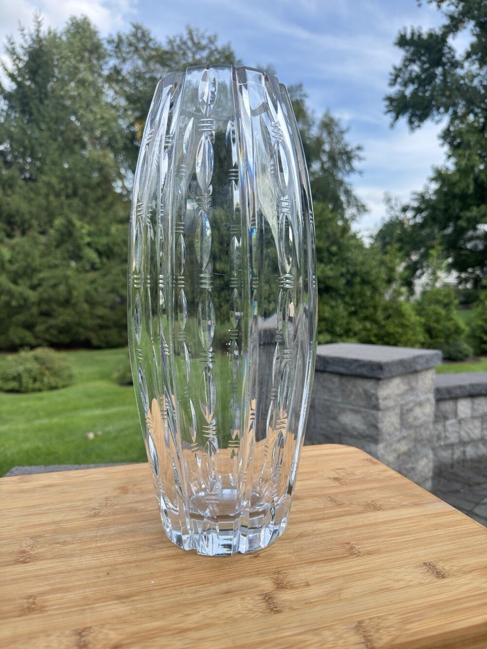 Rogaska Lead Crystal Heavy Paneled Vase Vertical Ribbed & Oval Lens Cut 14”